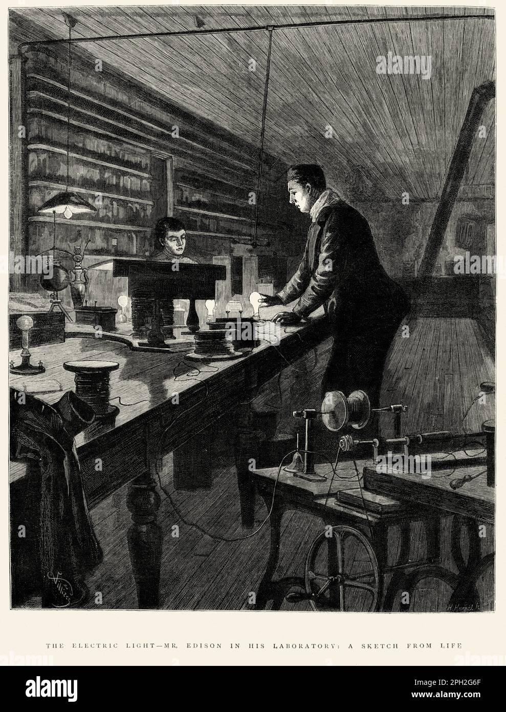 Das Licht der Elektrik. Mr. Edison in seinem Labor: Eine Skizze aus Life. Die Grafik, 1880 Stockfoto