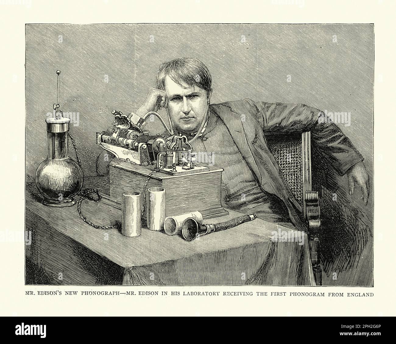 Eine klassische Illustration von Thomas Edison und dem Phonograph, der das erste Phonogramm aus England aus dem 19. Jahrhundert erhielt. Stockfoto