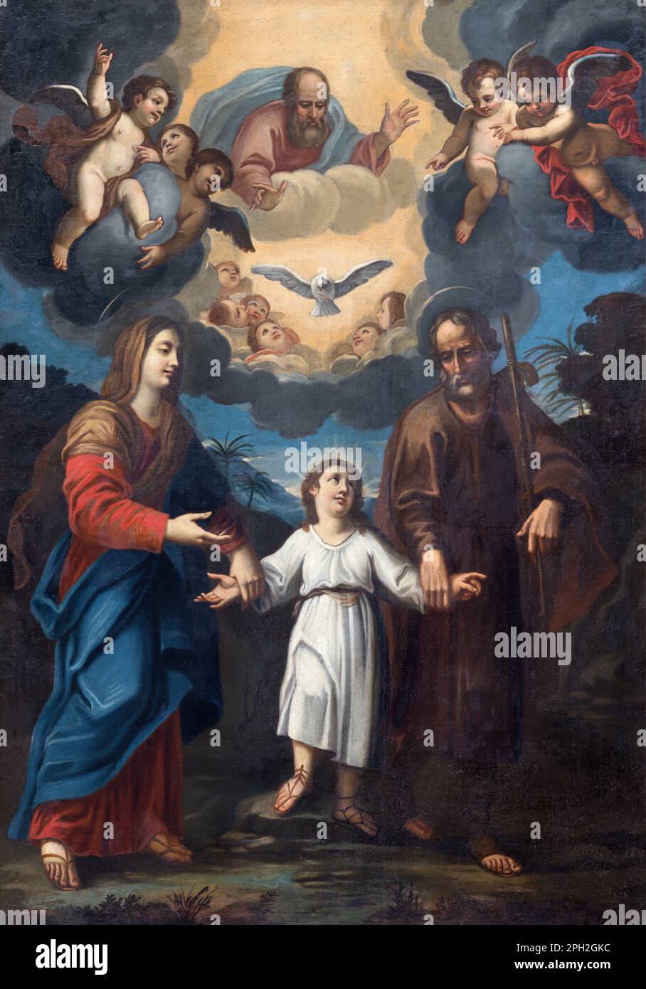 GENUA, ITALIEN - 7. MÄRZ 2023: Das Gemälde der Heiligen Familie in der Kirche Chiesa del Sacro Cuore e San Giacomo von einem unbekannten Künstler. Stockfoto