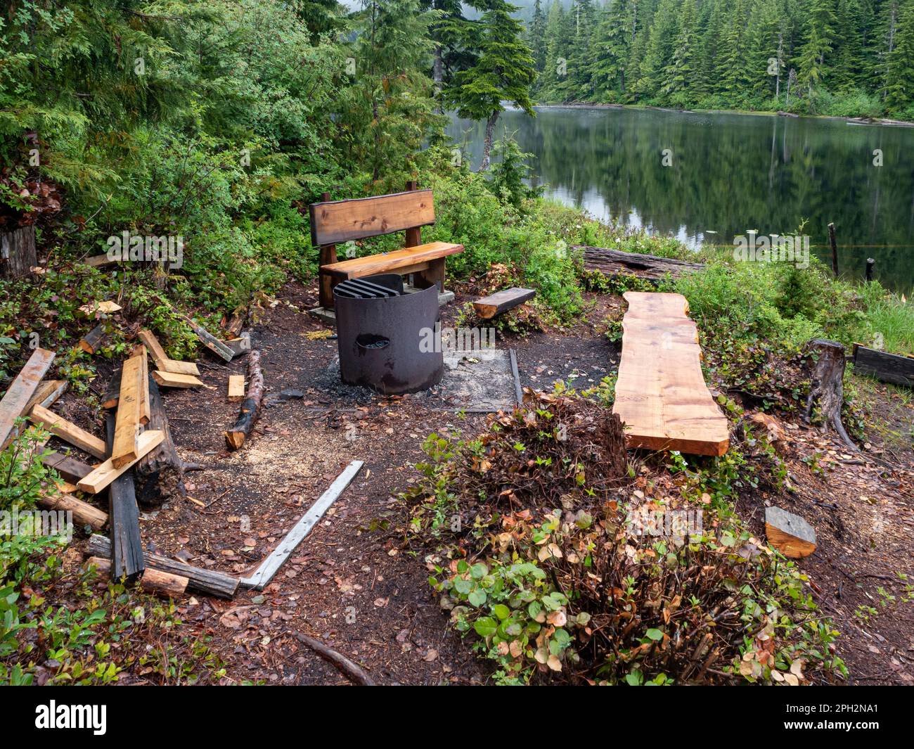 BC00715-00...BRITISH COLUMBIA - Bänke und Lagerfeuerbereich am Elk Lake Shelter am Ufer des Elk Lake, eine Übernachtung auf dem Sunshine Coast Trail Stockfoto