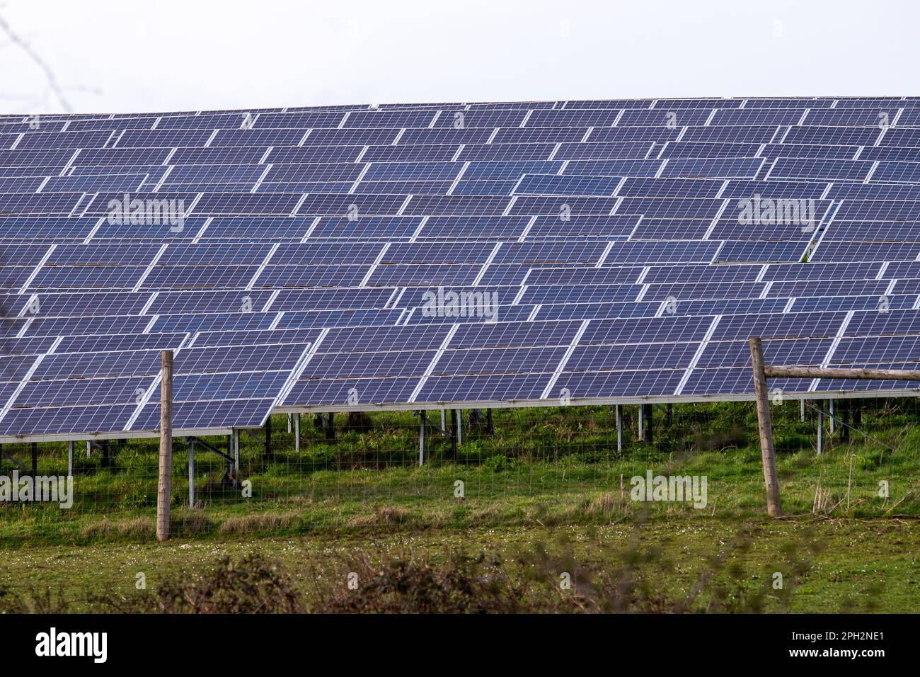 Wraysbury, Berkshire, Großbritannien. 25. März 2023. Die Wraysbury Solarfarm. Die Solaranlage für Photovoltaik wurde auf ca. 5,3Ha m Land auf einer geschlossenen Deponie von FCC Wraysbury in der Nähe von Staines-upon-Thames installiert. Die ehemalige Sand- und Kies-Grube wurde in den 1970er und 1980er Jahren mit Haushaltsabfällen, Industrie- und Gewerbeabfällen gefüllt und Mitte der 1990er Jahre mit intert-Abfällen fertiggestellt. Kredit: Maureen McLean/Alamy Stockfoto