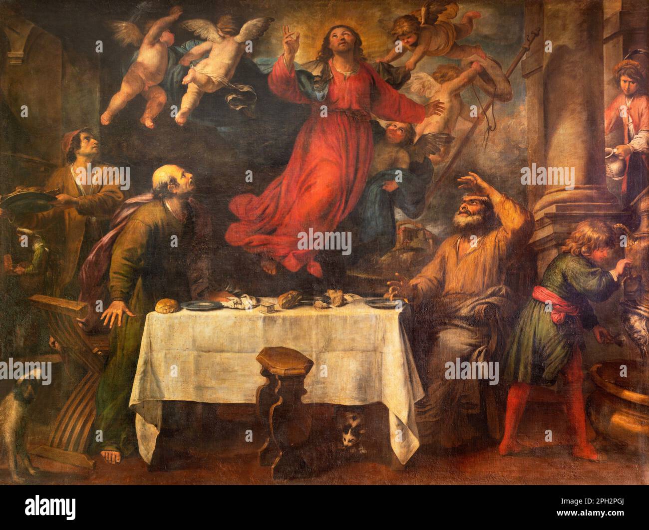 GENUA, ITALIEN - 8. MÄRZ 2023: Das Gemälde der Erscheinung Jesu beim Abendessen im Emmaus in der Kirche Chiesa di Nostra Signora del Carmine e Sant'Agnes Stockfoto