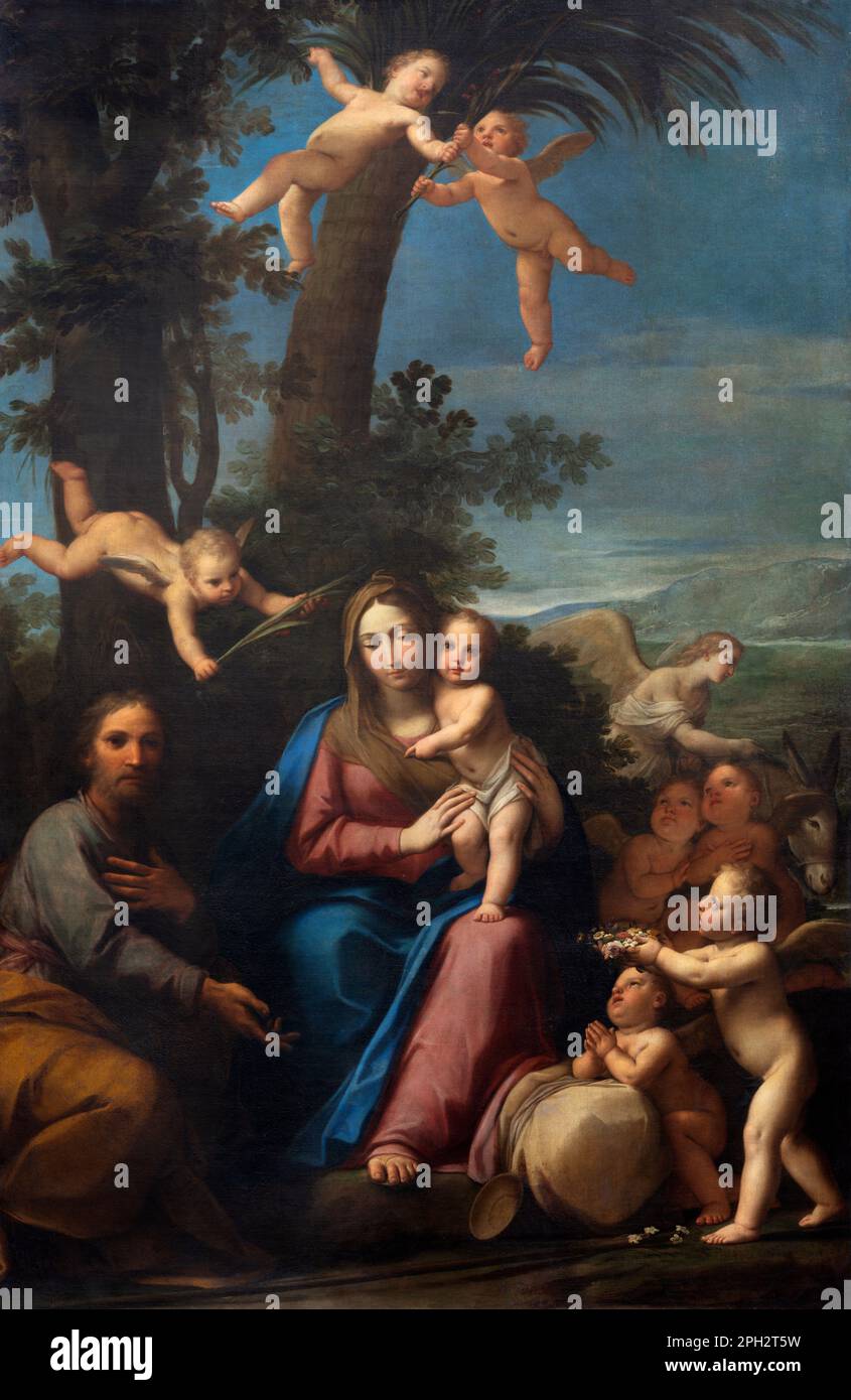 GENUA, ITALIEN - 8. MÄRZ 2023: Gemälde der Ruhe auf dem Flug nach Egipt in der Kirche Chiesa di san Filippo Neri von Marcantonio Fra Stockfoto