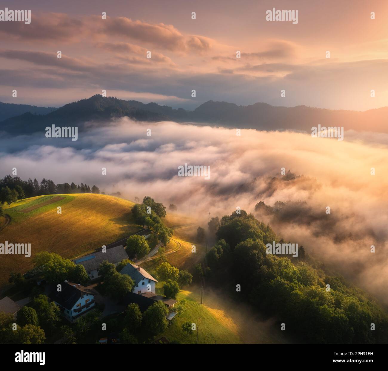 Blick aus der Vogelperspektive auf Bergwiesen und Berge in Wolken bei Sonnenaufgang Stockfoto