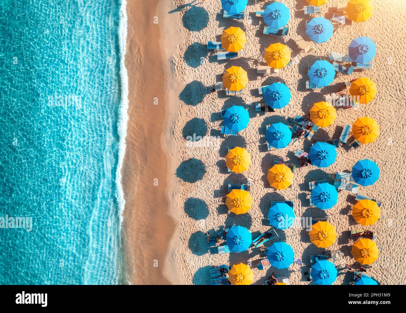 Luftaufnahme der gelben und blauen Sonnenschirme am leeren Sandstrand Stockfoto