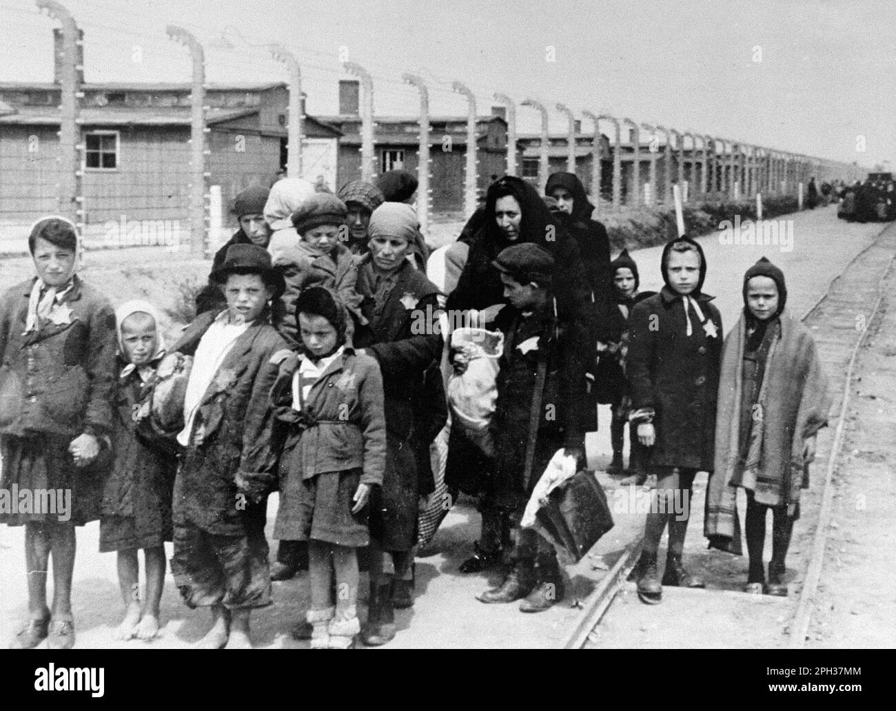 Ungarische Juden aus dem Tet Ghetto im Vernichtungslager Auschwitz-Birkenau während der zweiten Hälfte des Jahres 1944, die in Richtung der Gaskammern gingen. Nach dem Auswahlverfahren auf dem Bahnhofsplattform wurden die zum Sterben verurteilten Personen direkt zu den Gaskammern geführt. Stockfoto