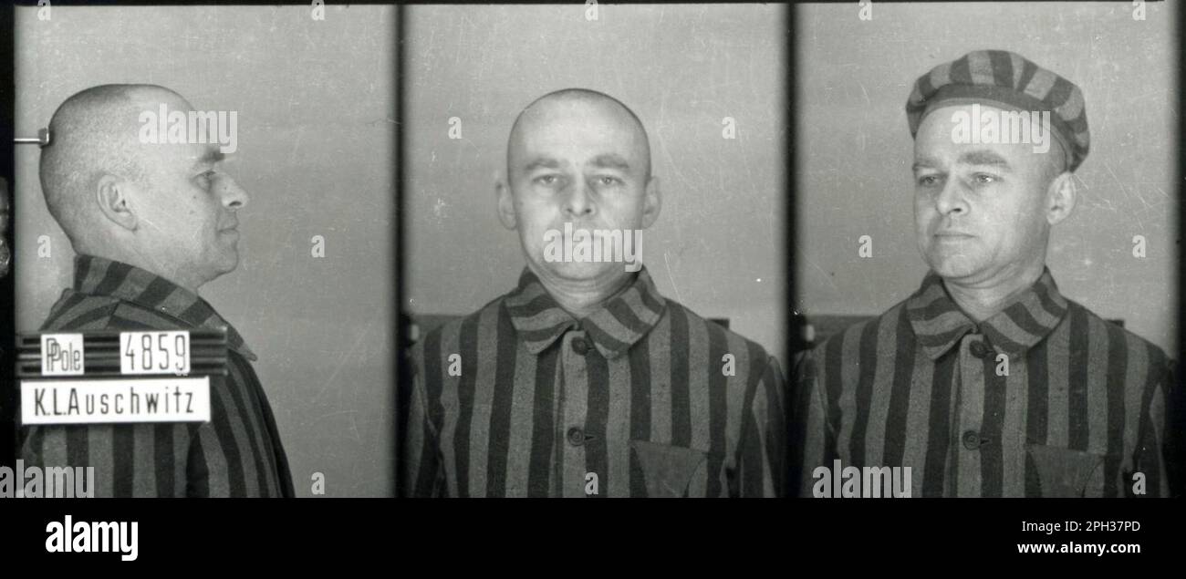 Hauptmann Witold Pilecki. Dieser mutige Pole kämpfte 1939 gegen die Deutschen, schloss sich dem Widerstand an und ließ sich gefangen nehmen, um das Konzentrationslager Auschwitz zu infiltrieren. Drei Jahre lang sammelte er Informationen, die herausgerissen wurden, bis er fürchtete, entdeckt zu werden. Er konnte aus der Bäckerei, in der er arbeitete, fliehen und kehrte nach Warschau zurück, wo er zur Heimatarmee ging und im Warschauer Aufstand kämpfte. Er wurde von den sowjetischen Behörden gefangen genommen und 1948 hingerichtet. Dieses Bild zeigt ihn als KL-Auschwitz Gefangener, KL Nummer 4859, 1940 Stockfoto