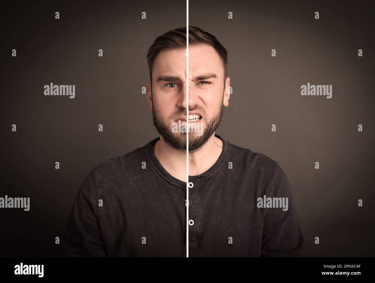 Junger Mann, der verschiedene Emotionen auf grauem Hintergrund ausdrückt, Collage. Persönlichkeitskonzept Stockfoto