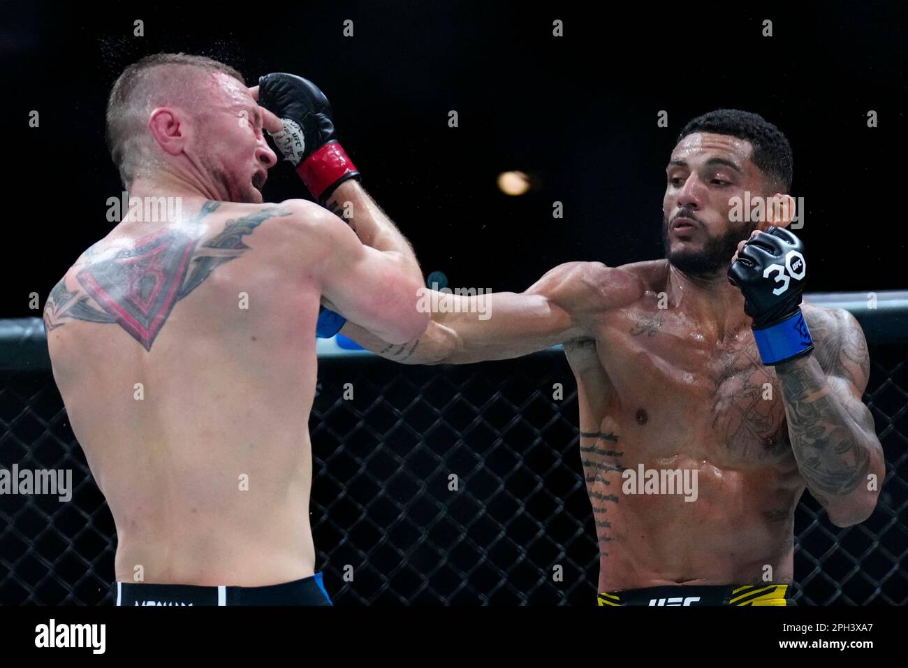 SAN ANTONIO, TEXAS - 25. MÄRZ: (R-L) Lucas Alexander schlägt Steven Peterson in seinem Federgewicht-Kampf während der UFC Fight Night im AT&T Center am 25. März 2023 in San Antonio, Texas, USA. (Foto: Louis Grasse/PxImages) Stockfoto