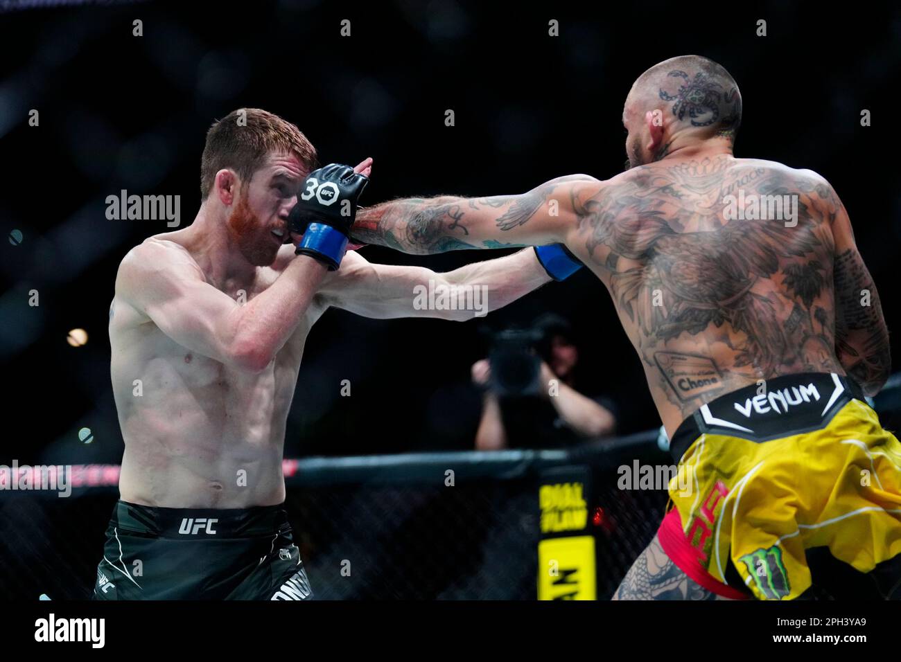 SAN ANTONIO, TEXAS – 25. MÄRZ: (R-L) Marlon Vera schlägt Cory Sandhagen in ihrem Bantamweight-Kampf während der UFC Fight Night im AT&T Center am 25. März 2023 in San Antonio, Texas, USA. (Foto: Louis Grasse/PxImages) Stockfoto