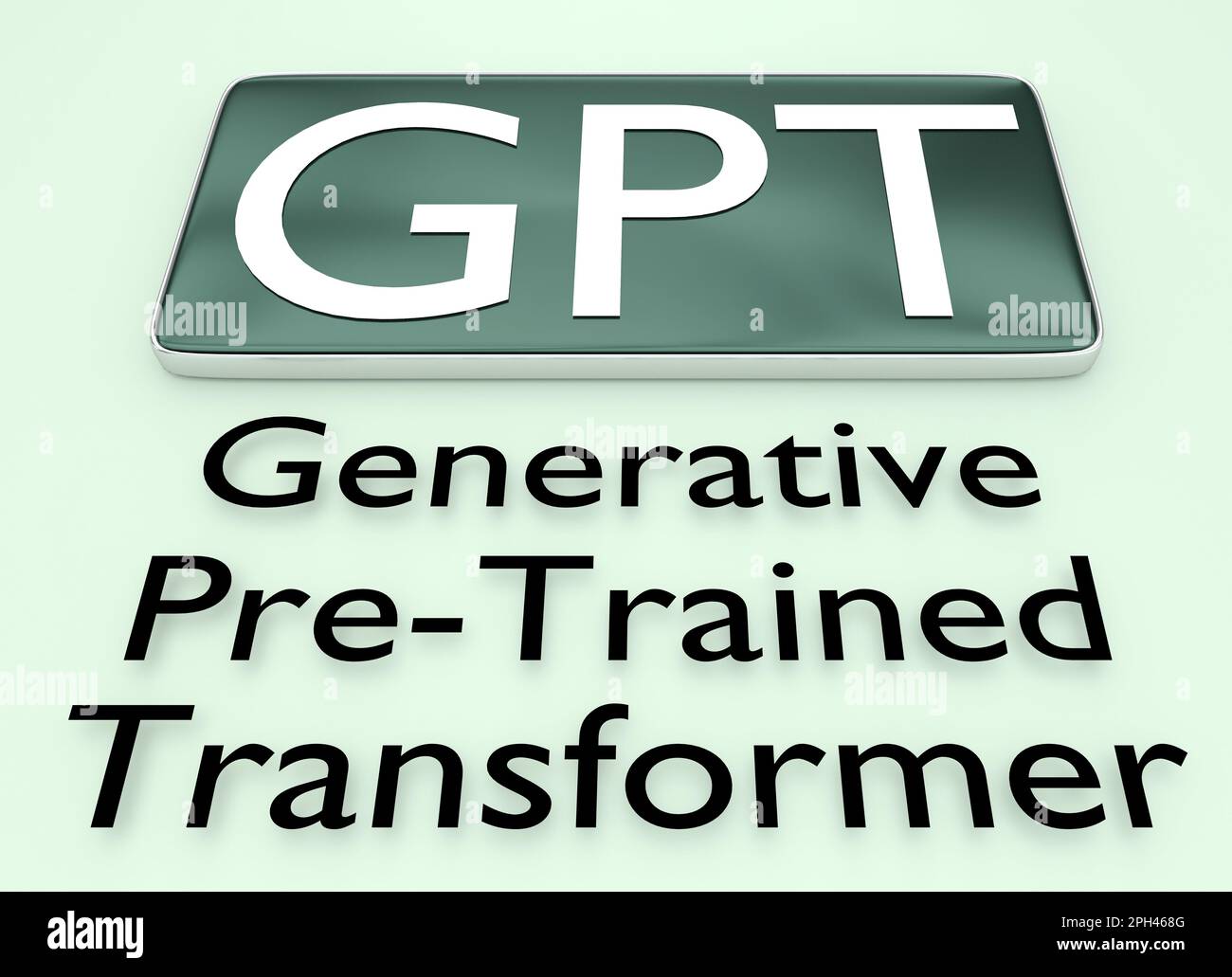 3D Abbildung des GPT-Titels auf einem Mobilbildschirm zusammen mit dem Skript Generative Pre-Training Transformer, isoliert auf hellgrünem Hintergrund. Stockfoto