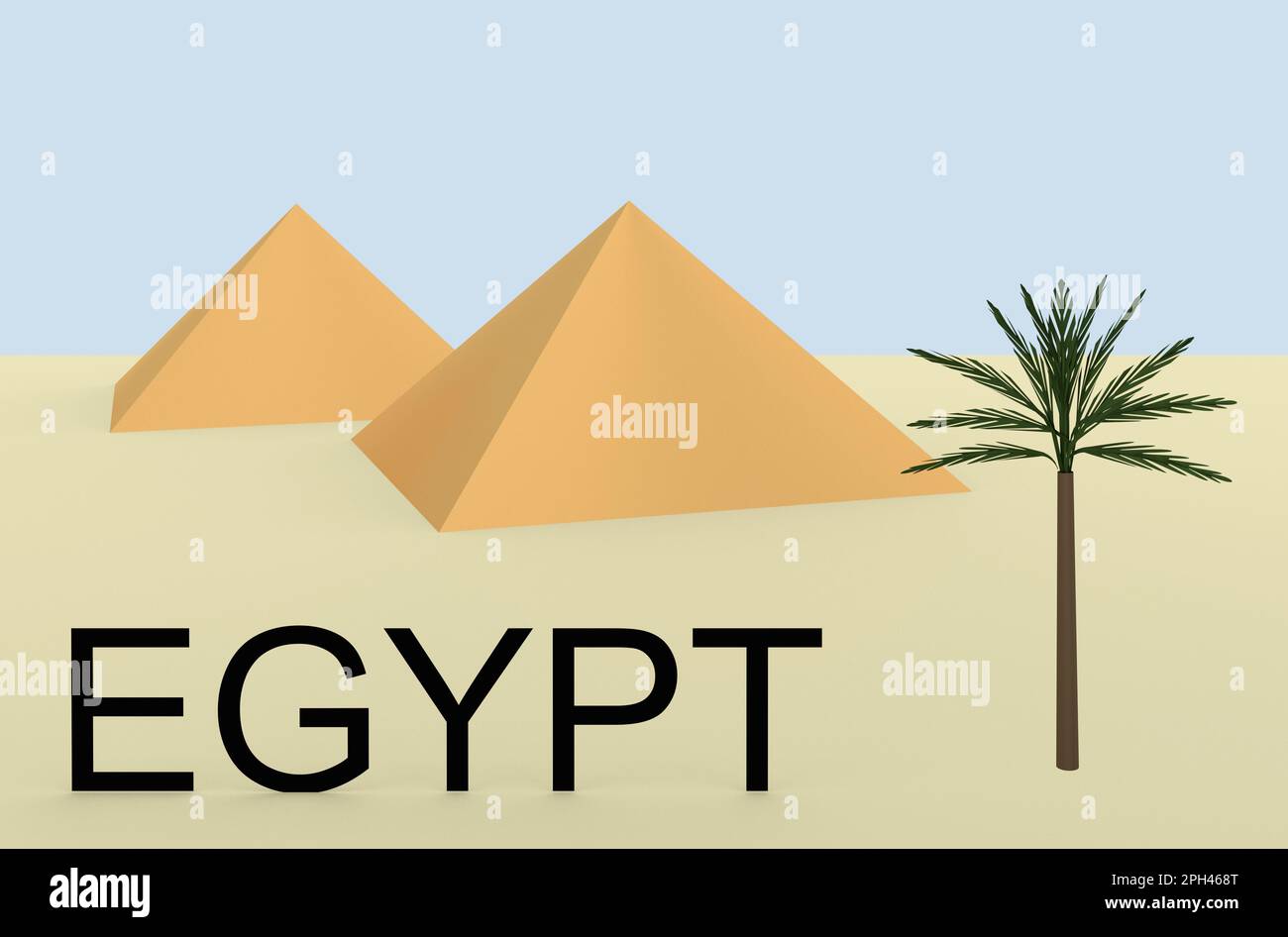 3D Darstellung von zwei Pyramiden mit einer Palme, die als ÄGYPTEN bezeichnet wird. Stockfoto