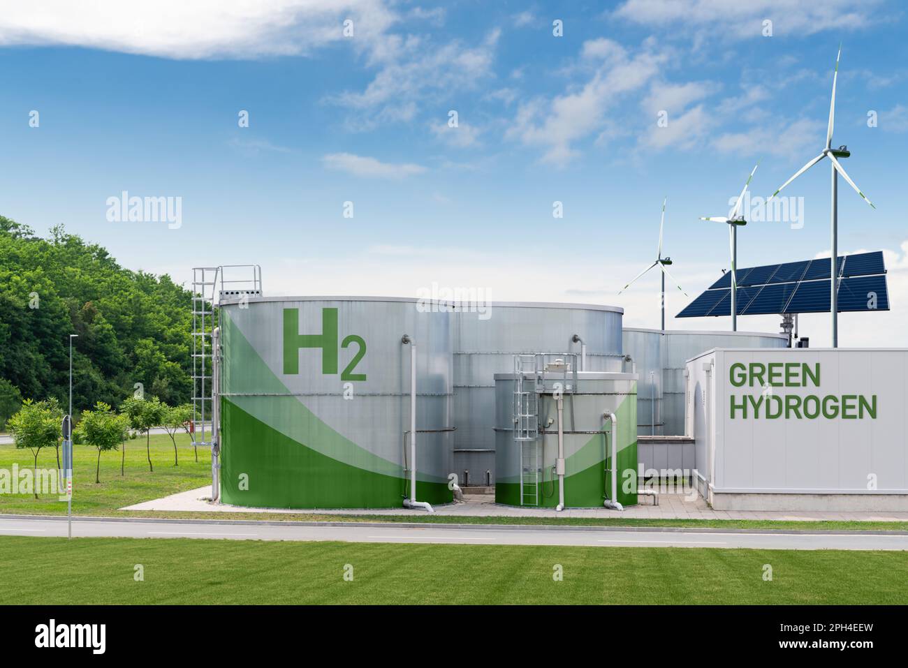 Konzept der grünen Wasserstofffabrik. Wasserstofferzeugung aus erneuerbaren Energiequellen. Hochwertiges Foto Stockfoto