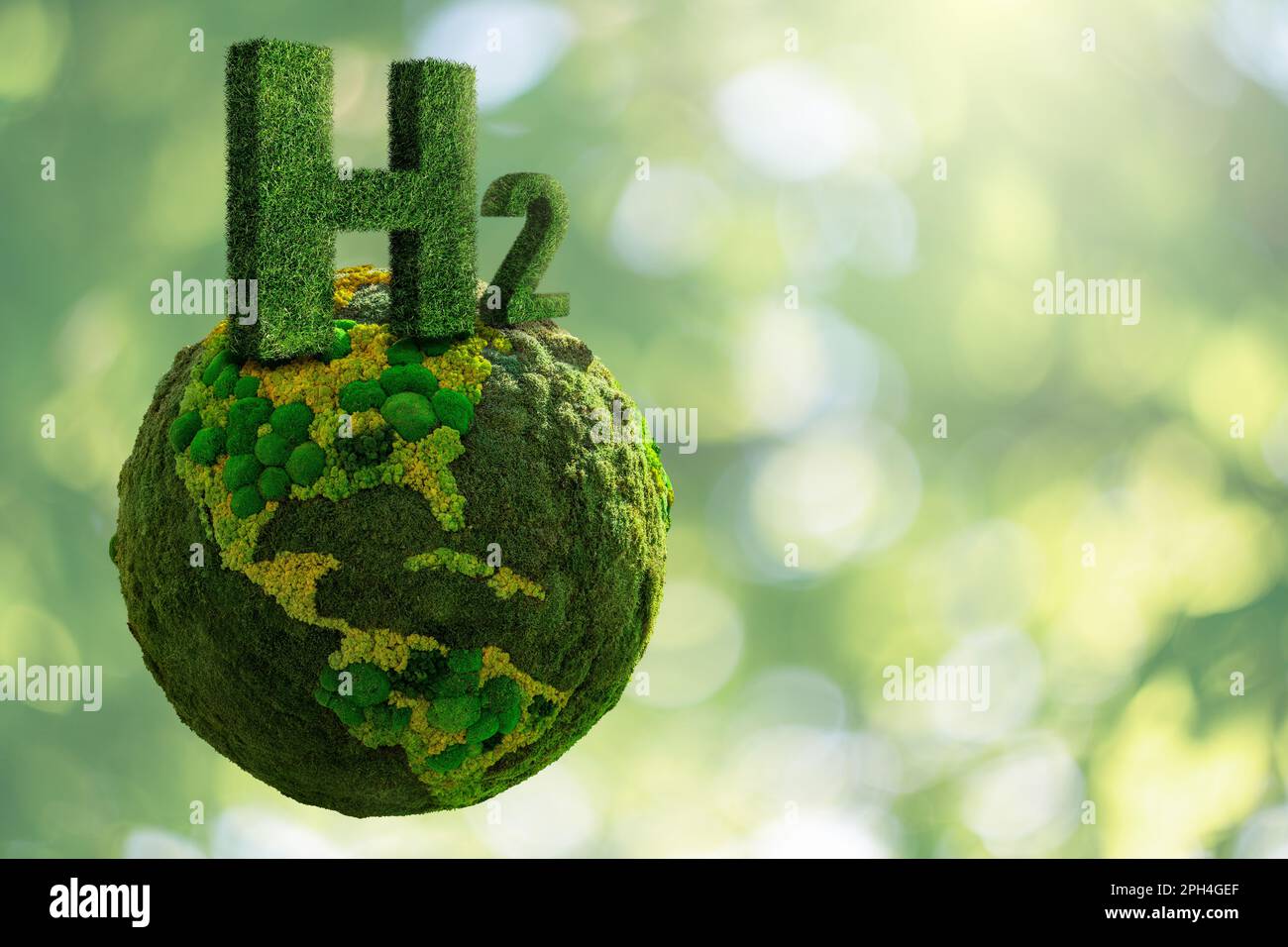 Symbol für Wasserstoff H2 aus Gras und grüner Planet Erde aus Mos. Hochwertiges Foto Stockfoto