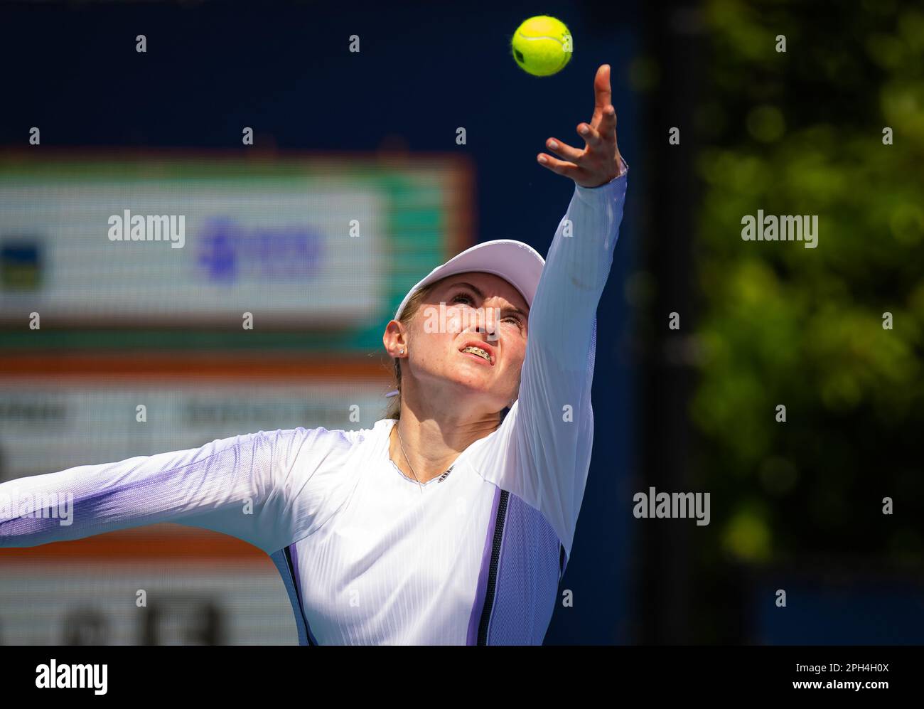 Aliaksandra Sasnovich aus Belarus in Aktion während der zweiten Runde des Miami Open 2023, WTA 1000 Tennis Turnier am 24. März 2023 in Miami, USA - Foto: Rob Prange/DPPI/LiveMedia Stockfoto