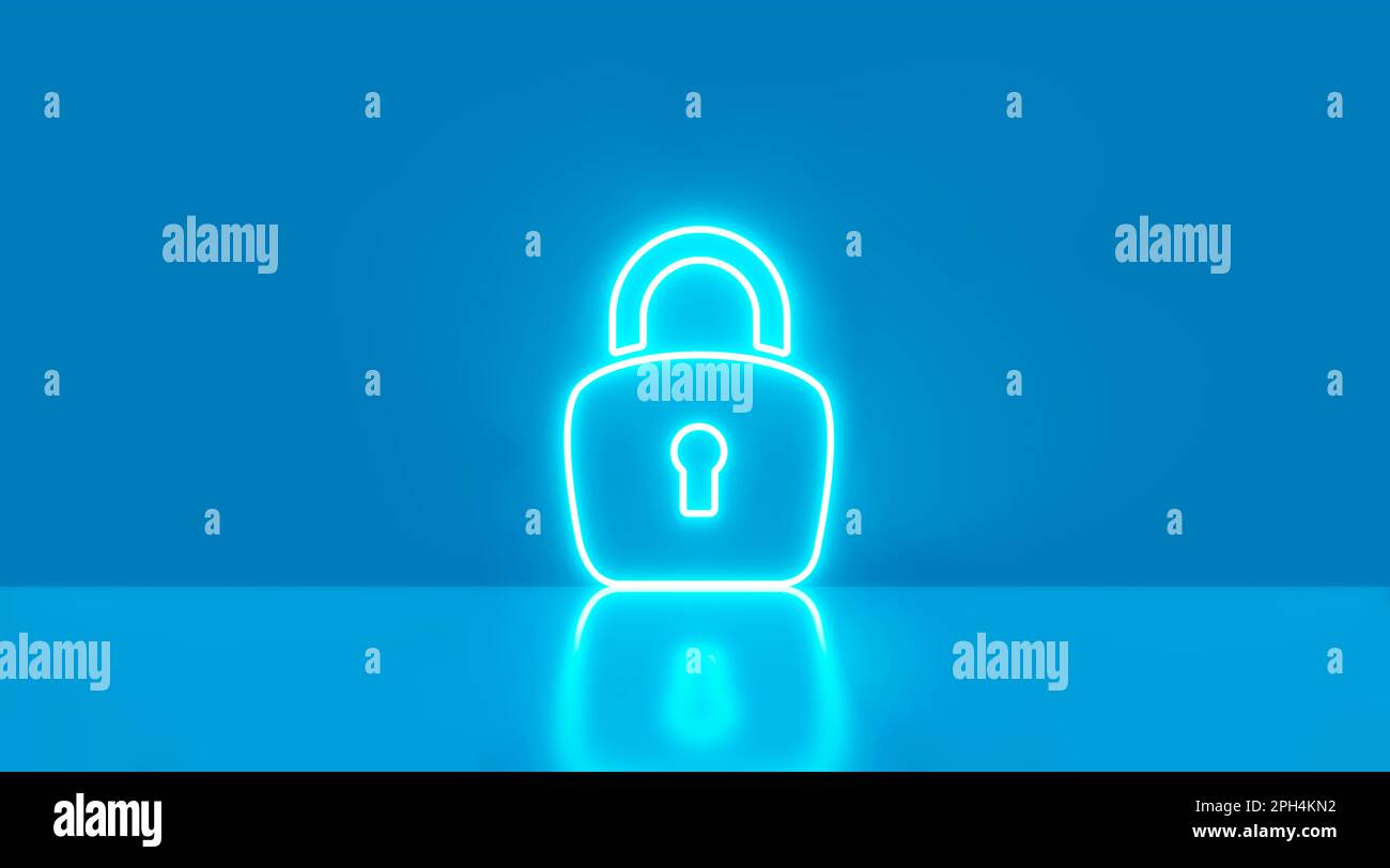 Cyber-Sicherheit holographisches Neonsymbol blau mit reflektierendem Hintergrund. 3D Abbildung. Stockfoto