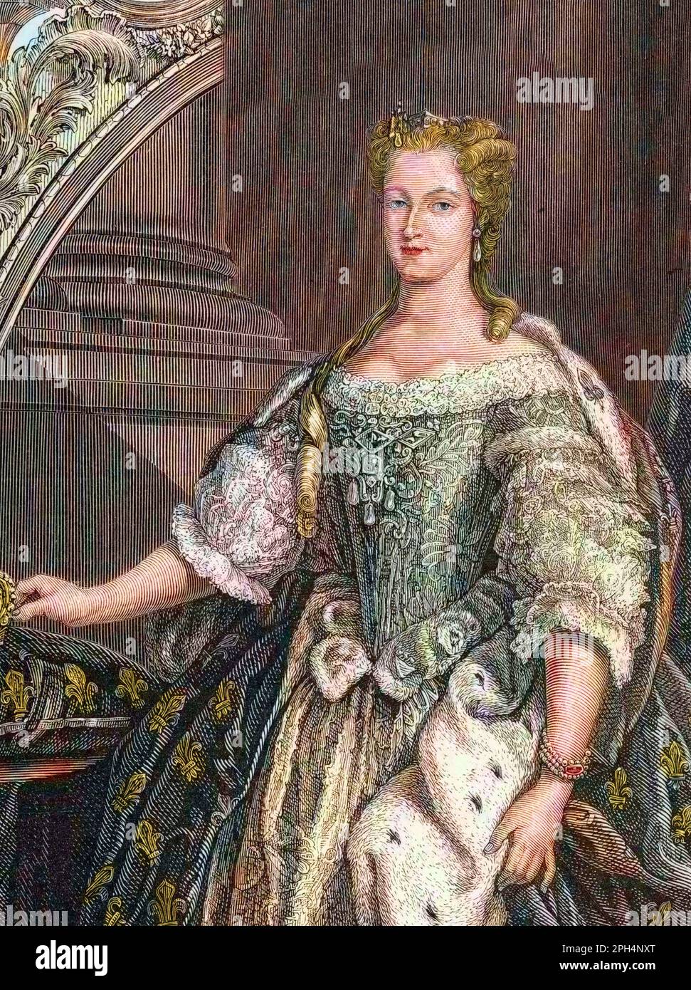 Portrait de Marie Leszczynska, femme de Louis XV (leczinska, Leczynska, Lesczinska, Lesczynska, Leszczinska, leszczynska, leszinka, Leszynka, Marie Leszczynska - Gravure de 1862 in 'Les Reines du monde' par nos premiers ecrivains. Ouvrage publie sous la direction de J. G. D. ARMENGAUD Stockfoto