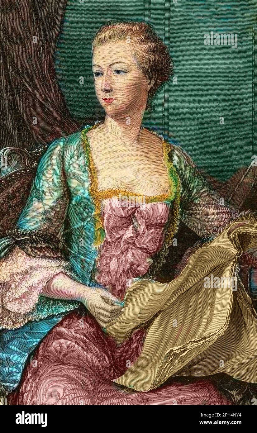 Portrait de la Jeanne Antoinette Poisson, Marquise de Pompadour (dite Madame de Pompadour, 1722-1764) Maitresse du roi Louis XV Gravure de 1862 in 'Les Reines du Monde' par nos premiers ecrivains. Ouvrage publie sous la direction de J. G. D. ARMENGAUD Stockfoto