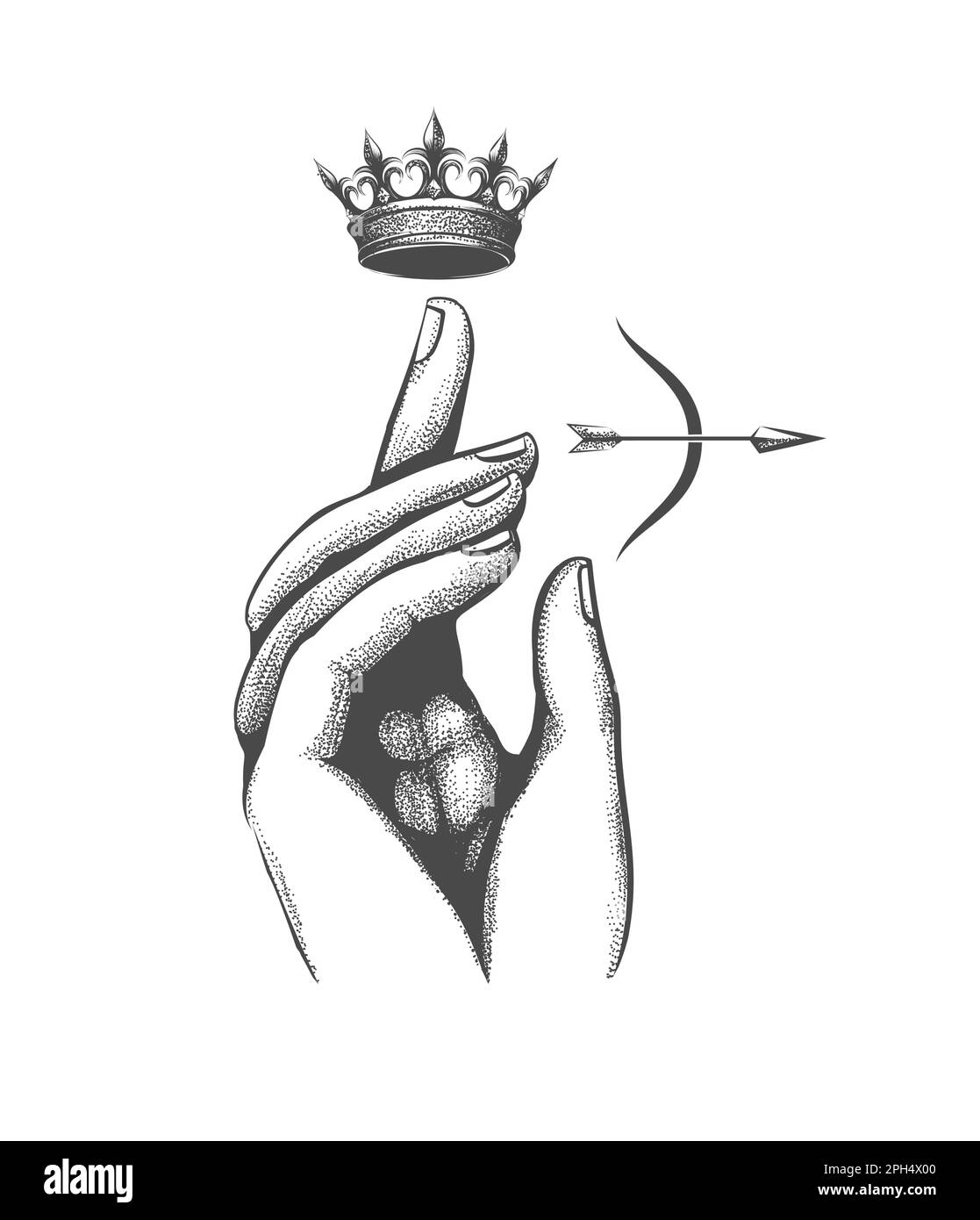 Tattoo der Bestrafung der Hand des Herrn mit Krone und Bogen isoliert auf Weiß. Vektordarstellung. Stock Vektor