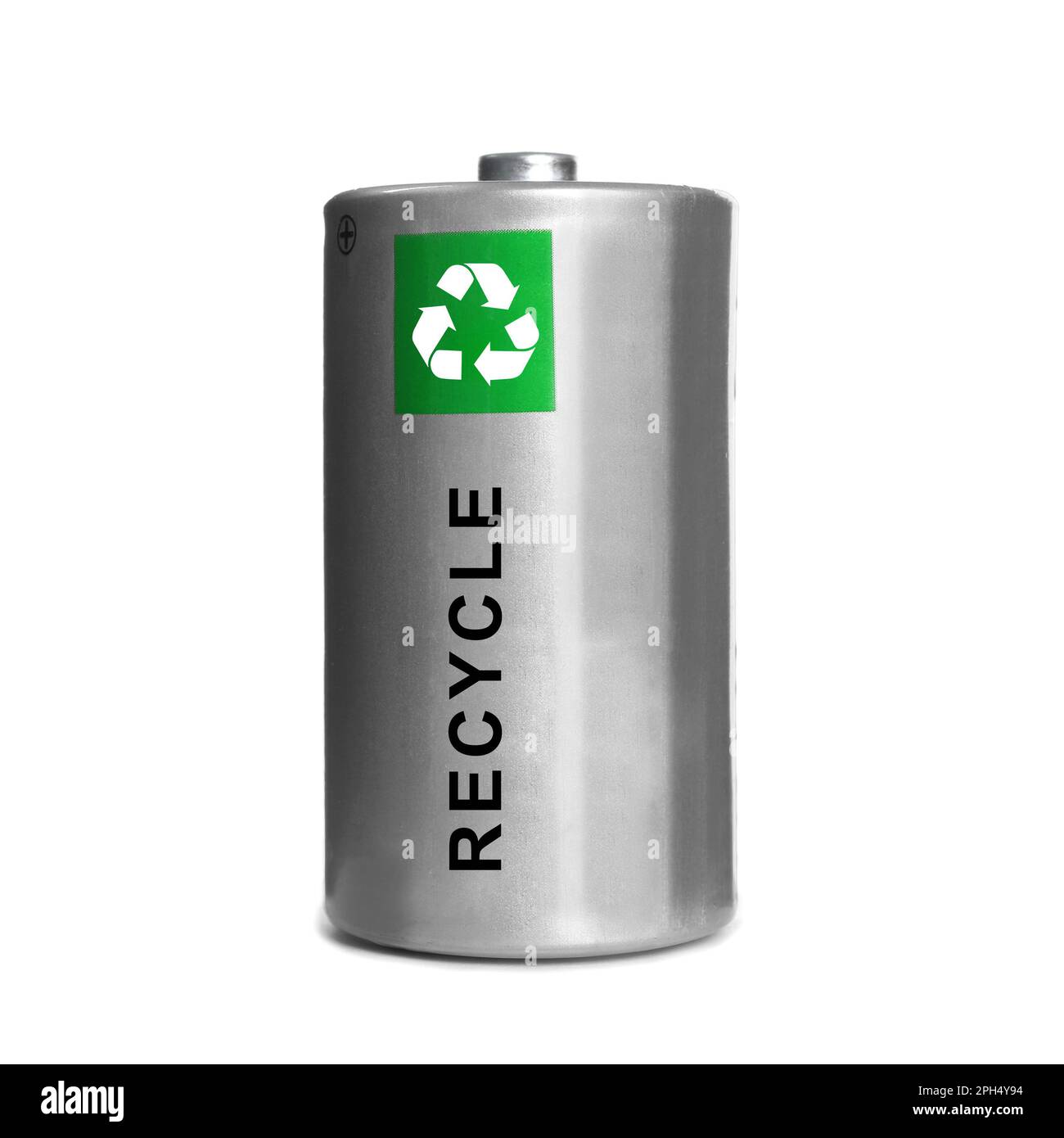 Batterie mit Recycling-Symbol isoliert auf weiß Stockfoto