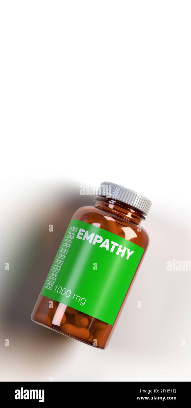 Grüne EMPATHIE-Medizin-Pillen in Fläschchen mit Barcode auf weißem Hintergrund, Kopierraum, Schnittpfad. Emotionsbasiertes GEFÄLSCHTES Medikamentennamenkonzept. Stockfoto