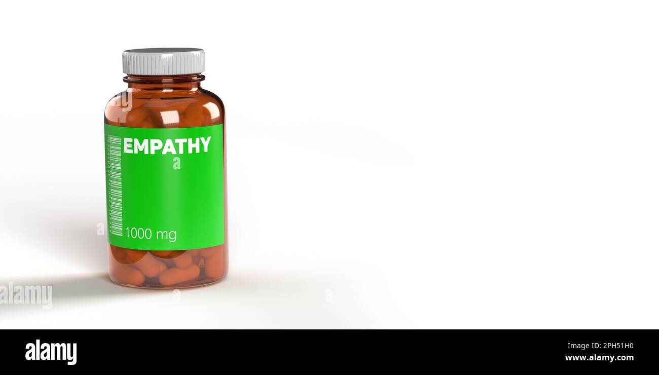 Grüne EMPATHIE-Medizin-Pillen in Fläschchen mit Barcode auf weißem Hintergrund, Kopierraum, Schnittpfad. Emotionsbasiertes GEFÄLSCHTES Medikamentennamenkonzept. Stockfoto