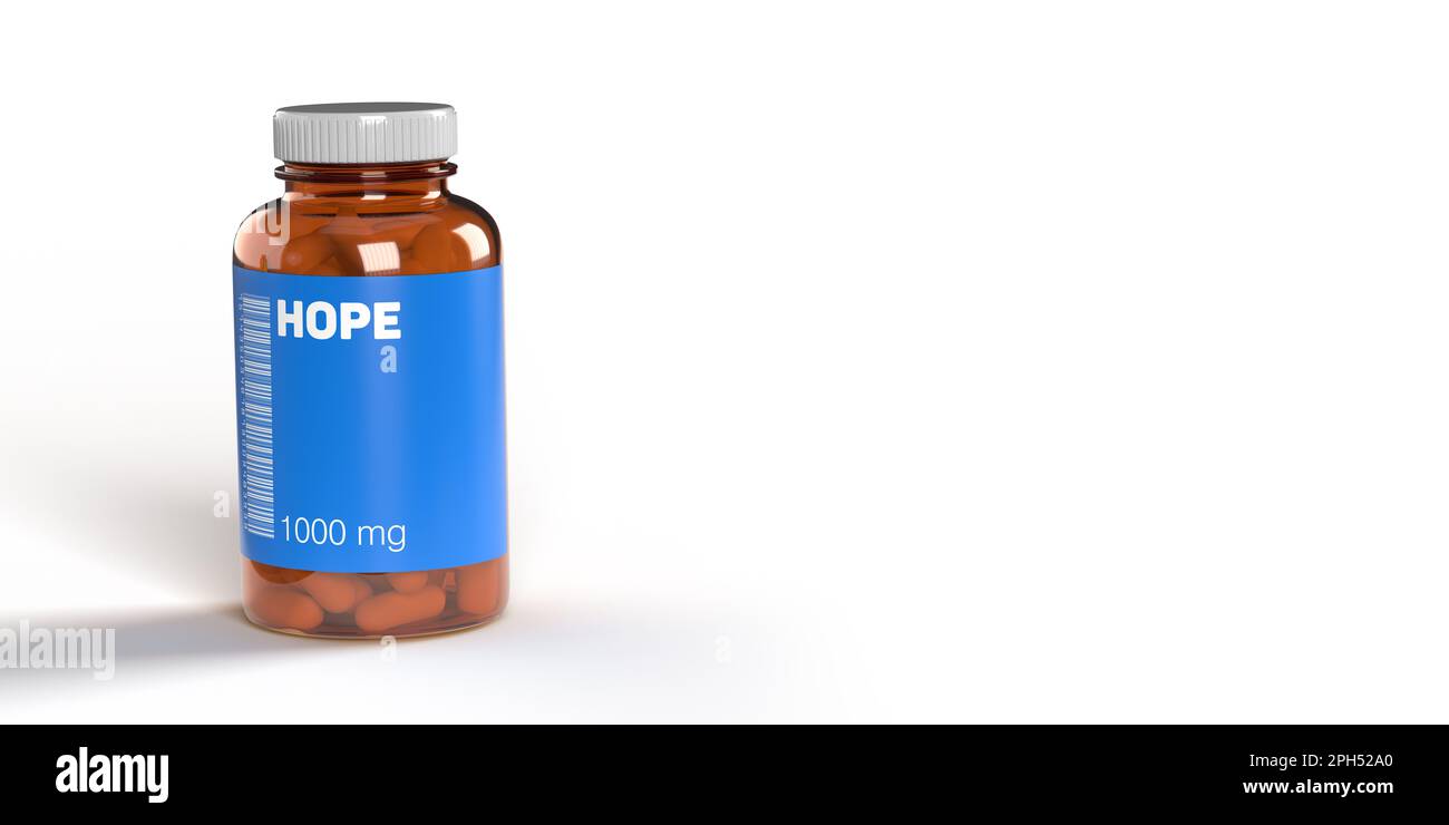 Blue-HOPE-Tabletten in einem Fläschchen mit Barcode auf weißem Hintergrund, Kopierraum, Schnittpfad. Emotionsbasiertes GEFÄLSCHTES Medikamentennamenkonzept. Stockfoto