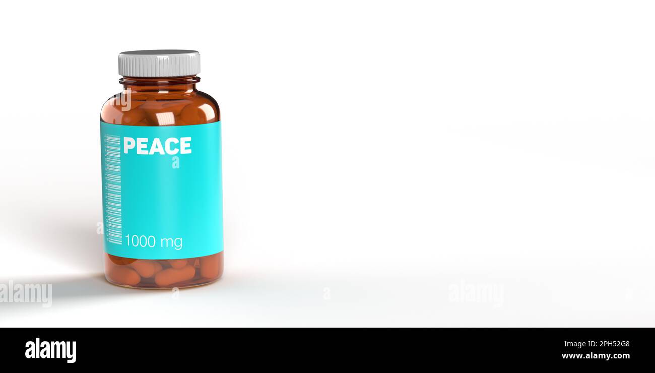 Türkisfarbene PEACE-Medizin-Pillen in einem Fläschchen mit Barcode auf weißem Hintergrund, Kopierraum, Schnittpfad. Emotionsbasiertes GEFÄLSCHTES Medikamentennamenkonzept. Stockfoto