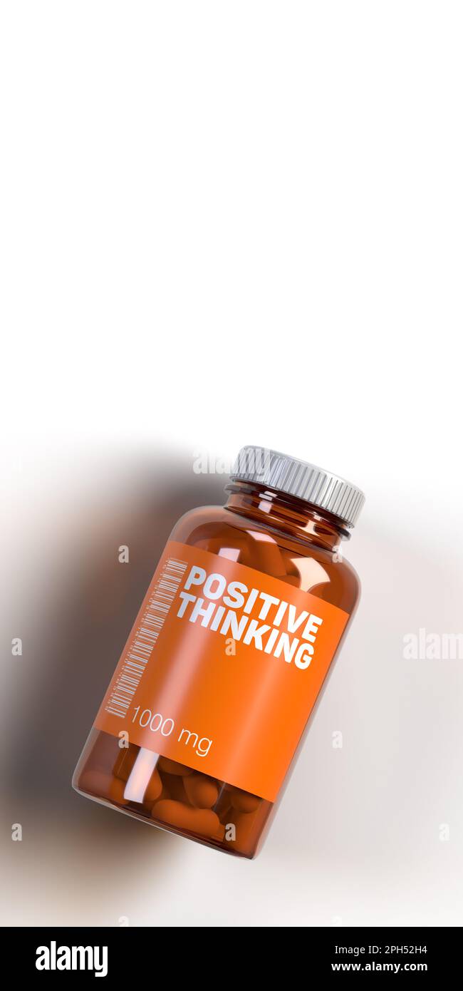 Orangefarbene POSITIV DENKENDE Medizinpillen in einem Fläschchen mit Barcode auf weißem Hintergrund, Kopierbereich, Schnittpfad. Emotionsbasierter GEFÄLSCHTER Medikamentenname Stockfoto