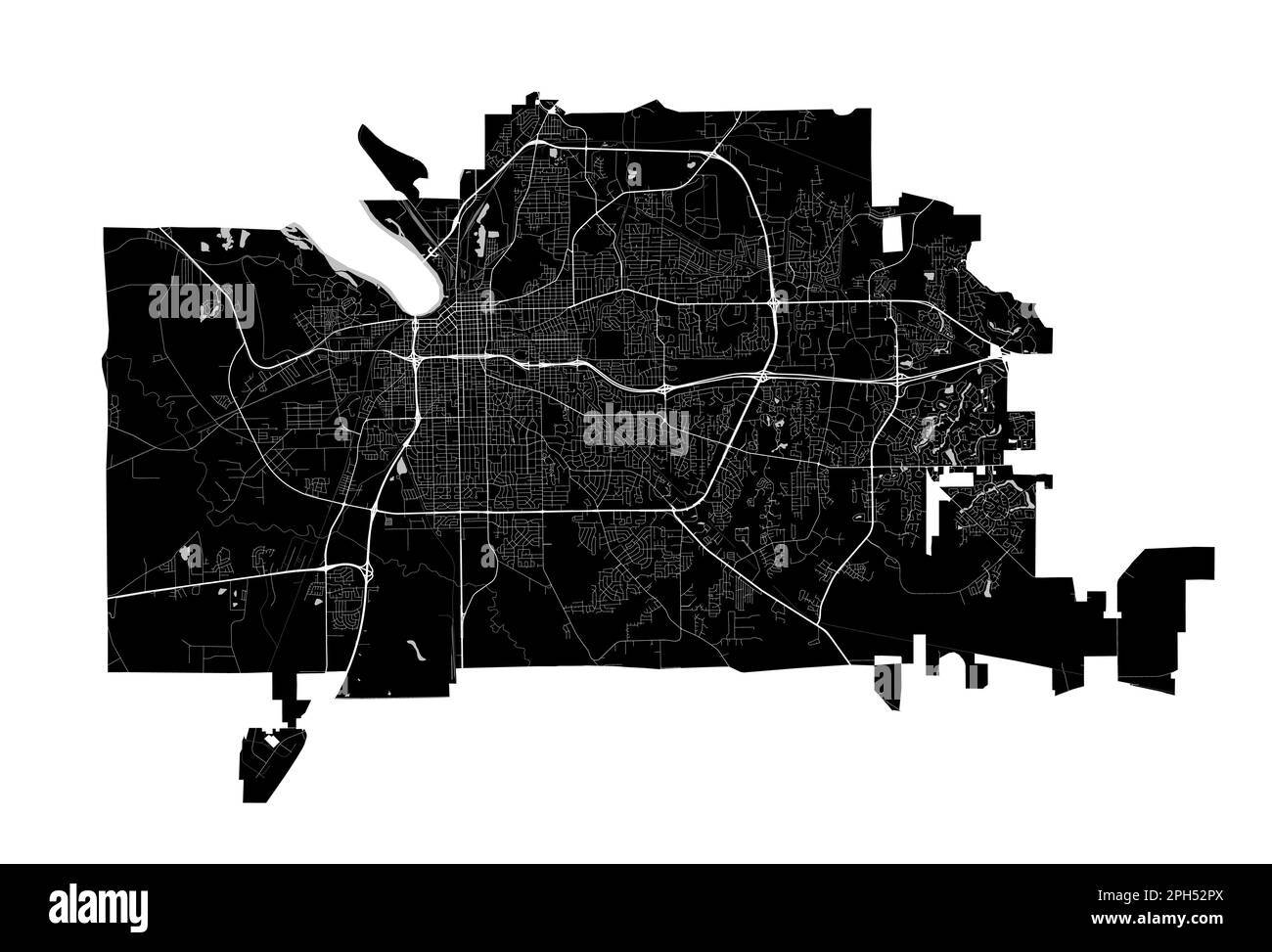 Montgomery, Alabama-Karte. Detaillierte schwarze Karte der Stadtverwaltung von Montgomery. Stadtbild-Poster mit Blick auf die Metropolitane Aria. Schwarzes Land mit weißem Rogen Stock Vektor