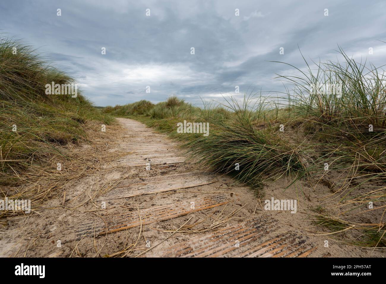 Hölzerner Fußweg, der durch grasbedeckte Dünen zum Maghera Beach, County Donegal, Irland führt Stockfoto