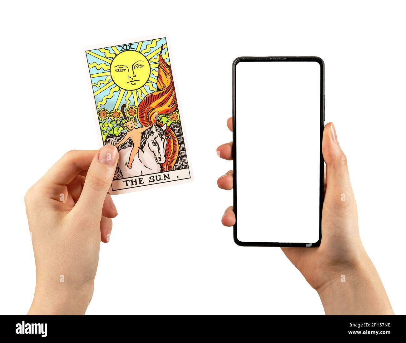 Tarot-Karte und Mobiltelefon mit leerem Bildschirmmodell für Werbeaktion auf Enthaltsamkeit isoliert auf weiß. Stockfoto