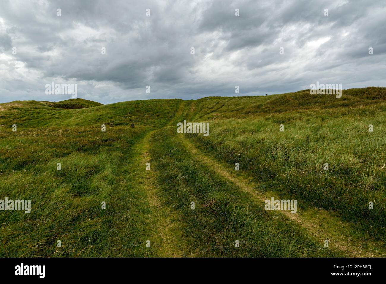 Straßen über Grasdünen am Cross Lake, Mullet Peninsula, County Mayo, Irland Stockfoto