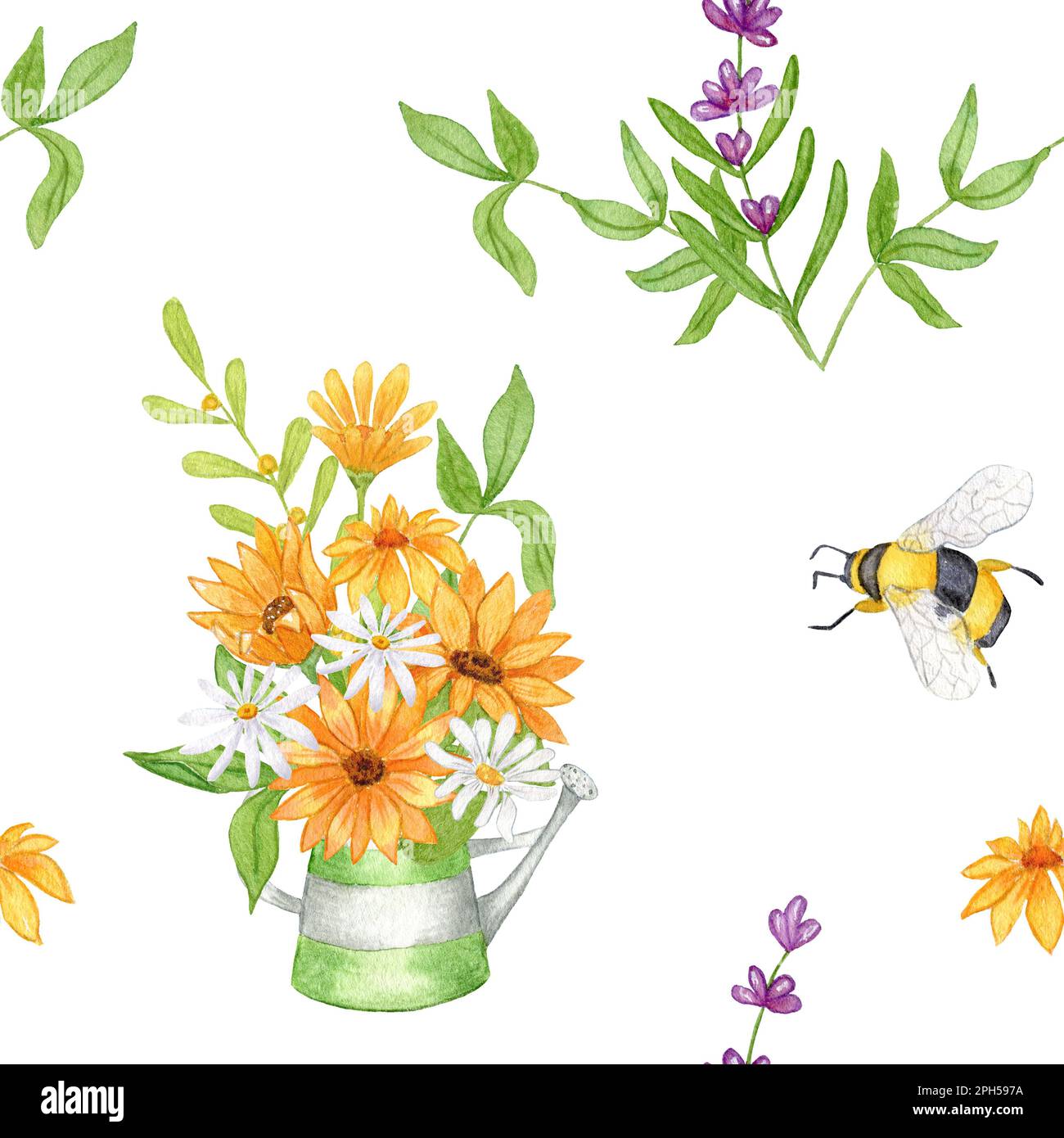 Bienenzucht. Wasserfarbenes, nahtloses Muster mit Bienen und Lavendelblumen. Kamille- und Sonnenblumenstrauß. Design für Tapeten, Textilien und mehr Stockfoto