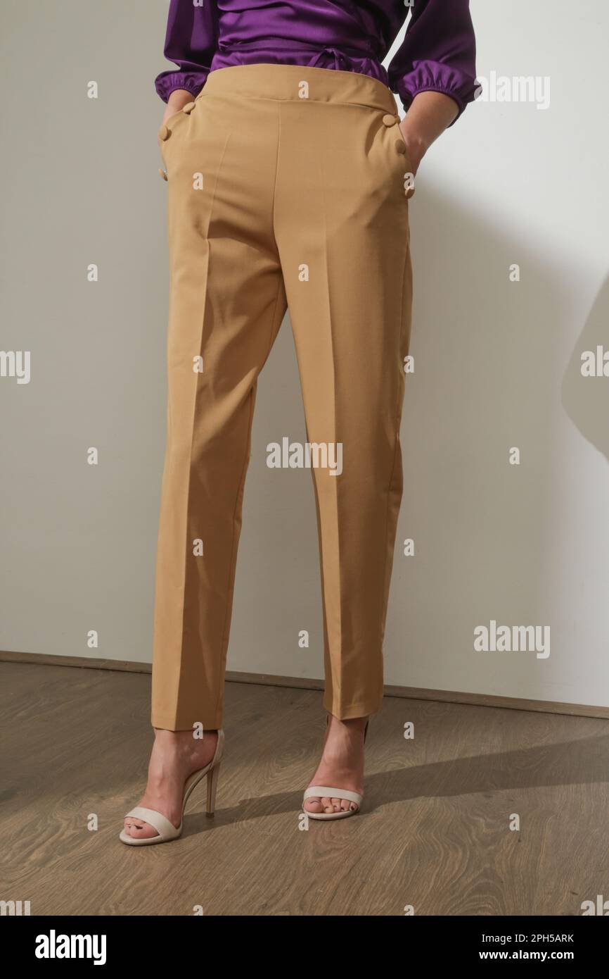 Weibliches Model in eleganter, beigefarbener, lässiger, hoch geschnittener Hose. Studioaufnahme. Stockfoto