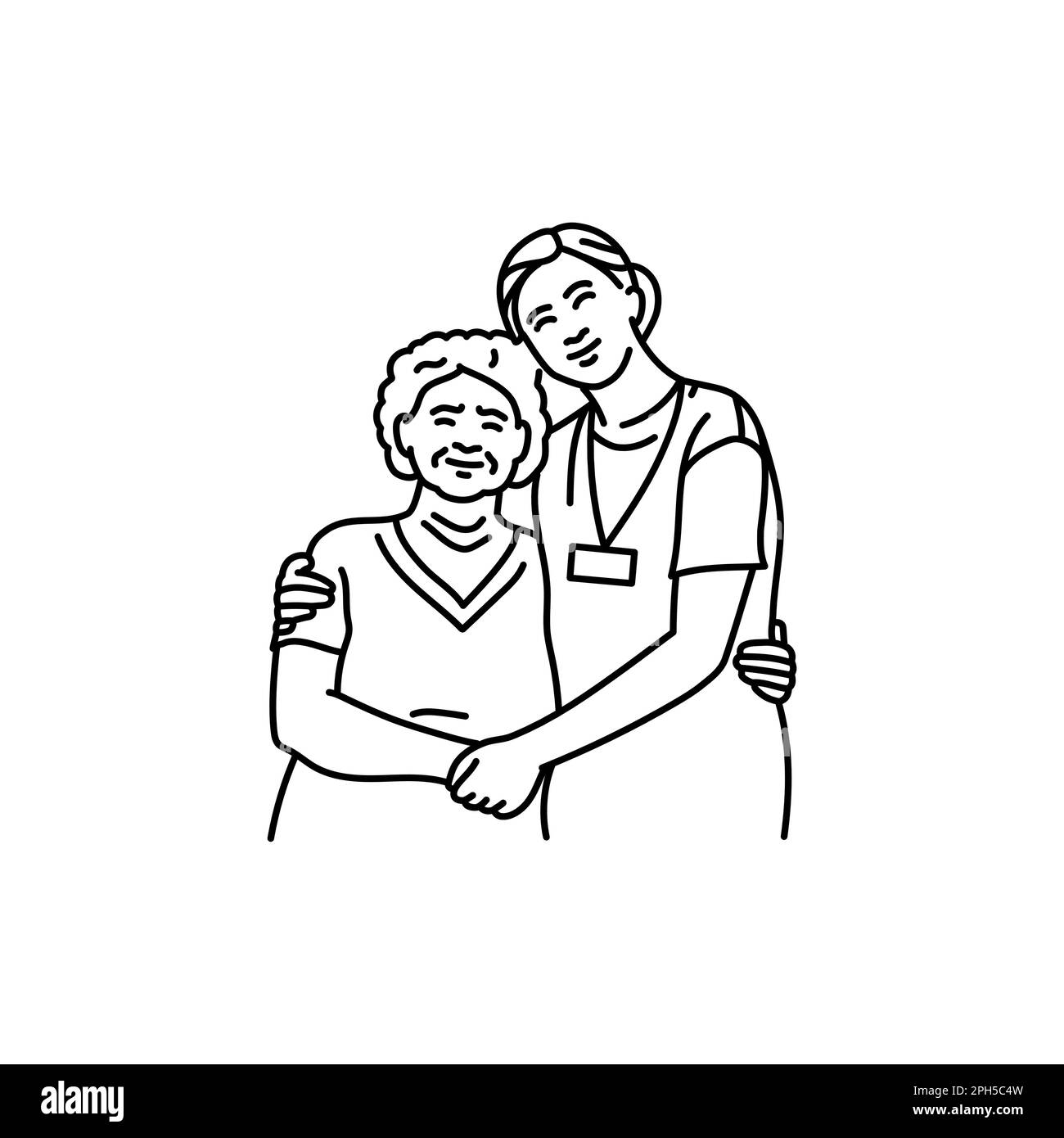 Eine ehrenamtliche Krankenschwester umarmt eine alte Frau mit schwarzer Linie. Piktogramm für Webseite, mobile App, Werbeaktion. Stock Vektor