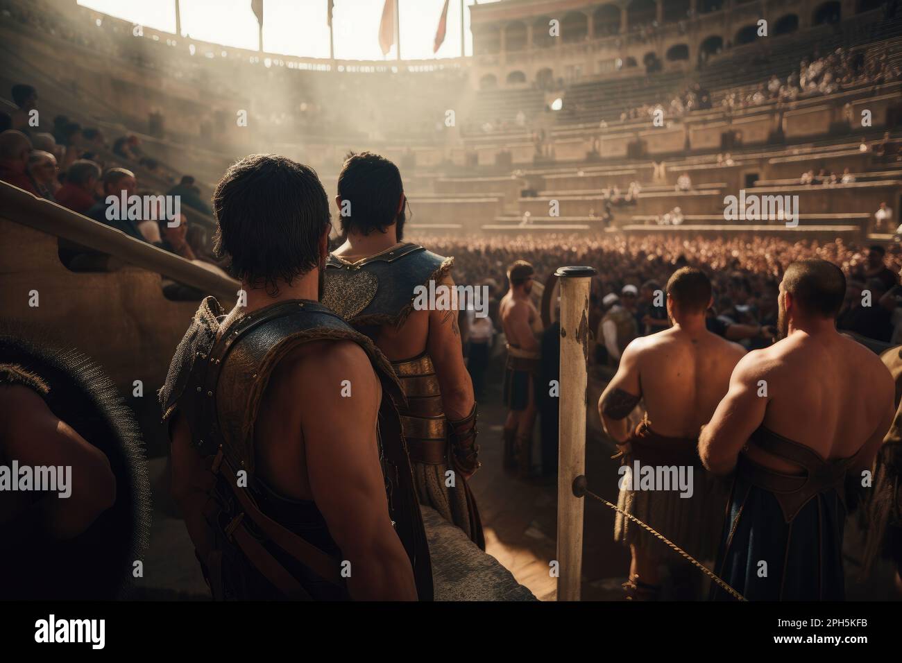 Unerschütterlicher Krieger: Ein entschlossener Gladiator marschiert in die Schlacht Stockfoto