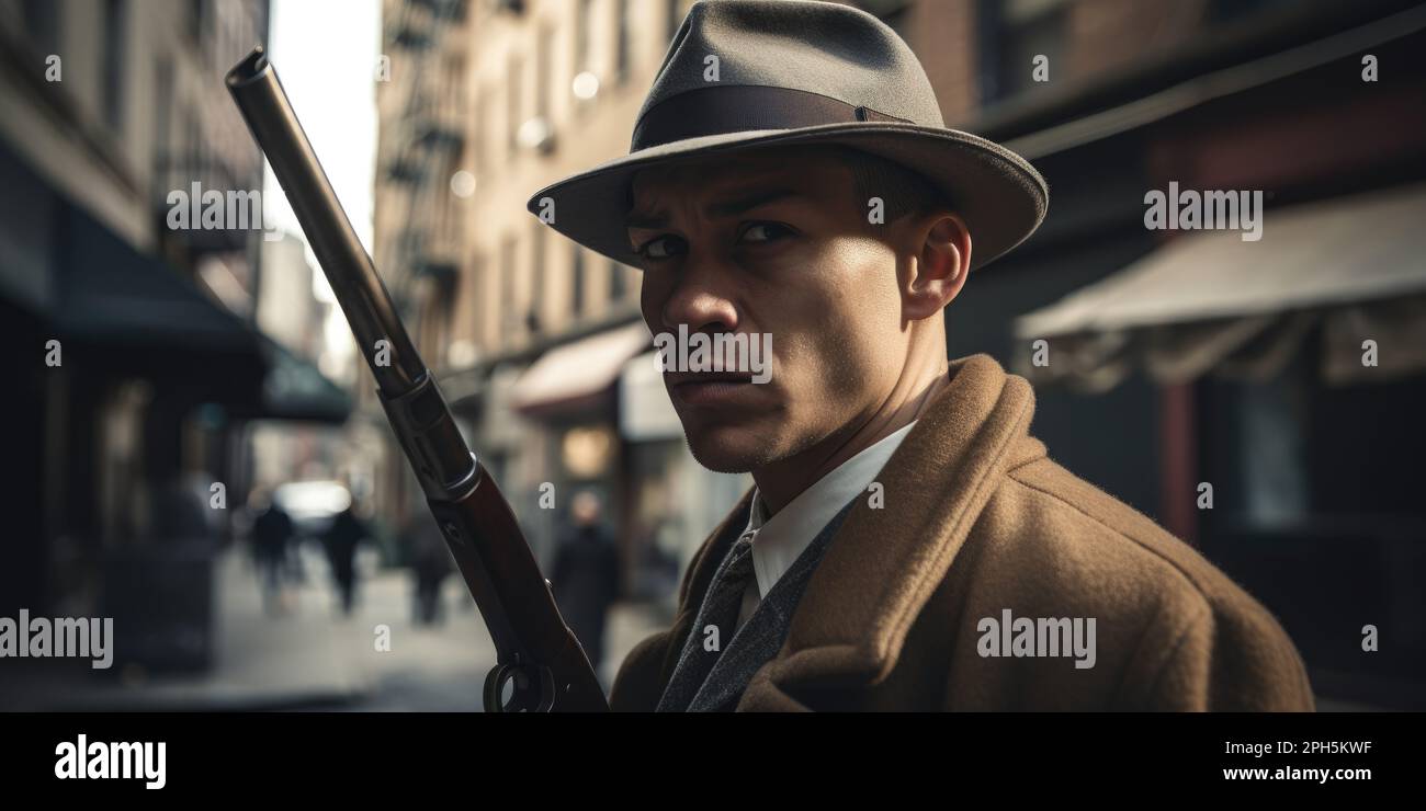 Vintage Underworld: Ein Dapper Mobster beherrscht die Straßen des alten New Yorks Stockfoto