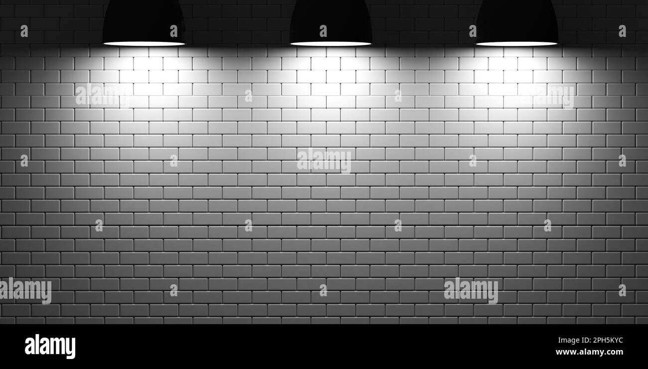 Realistische, zylindrische, weiß beleuchtete deckenleuchten mit 3D-Rendering auf leerem Wandhintergrund mit Kopierbereich und Beschneidungspfad. Sockelpodium Stockfoto