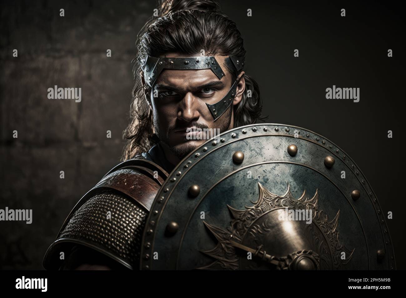 Unerschütterlicher Krieger: Ein entschlossener Gladiator marschiert in die Schlacht Stockfoto