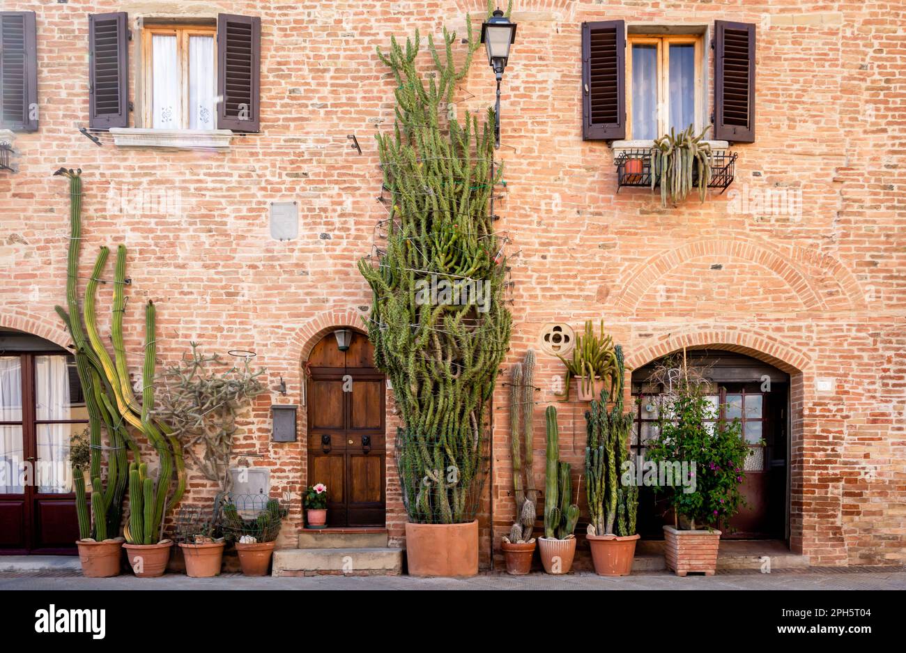 Mittelalterliche Stadt Gambassi Terme: Charakteristisches historisches Gebäude mit saftigen Pflanzen - Gambassi Terme, Provinz Firenze, Toskana, Italien - 1. juni 2021 Stockfoto