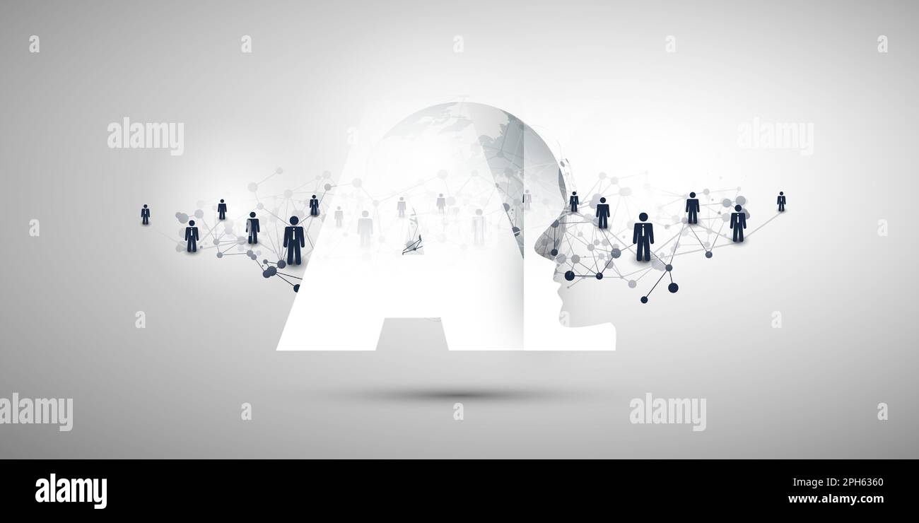 Maschinelles Lernen, Künstliche Intelligenz, Cloud Computing und Netzwerke Designkonzept mit geometrischen Network Mesh und AI Label Stock Vektor