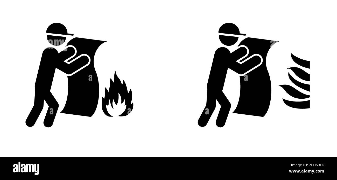 Feuerschutzdeckensymbol. Stickman, Strichmännchen mit Feuerflamme. Stopp, nicht schießen. Schild und Etikett für Feuerschutzdecke. Warnung, Alarm für gefährliche Flammen oder Stockfoto