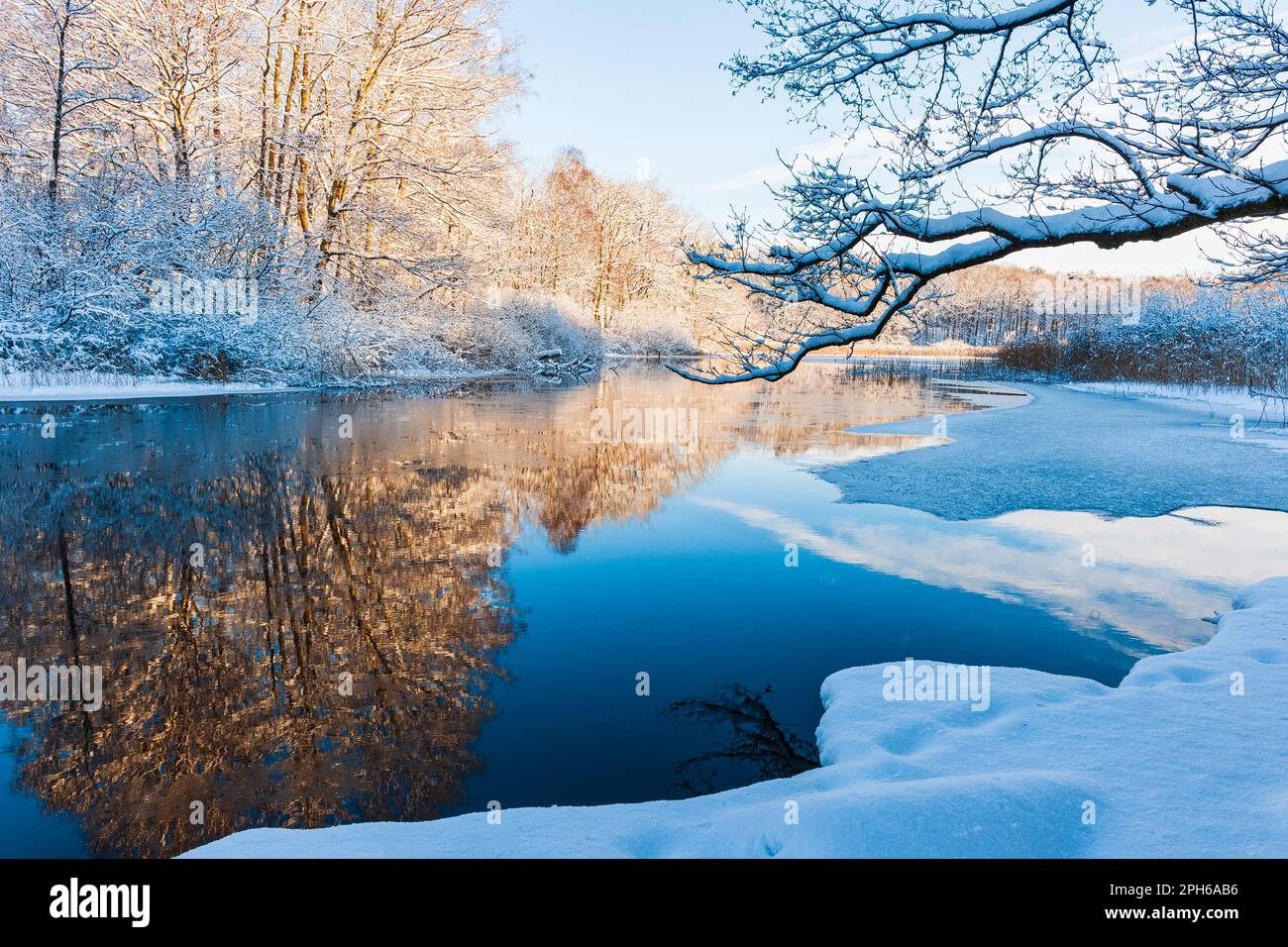 Eine ruhige Winterszene mit einem gefrorenen Fluss, der den eisigen blauen Himmel reflektiert, umgeben von schneebedeckten Bäumen in Mölndal, Schweden. Stockfoto