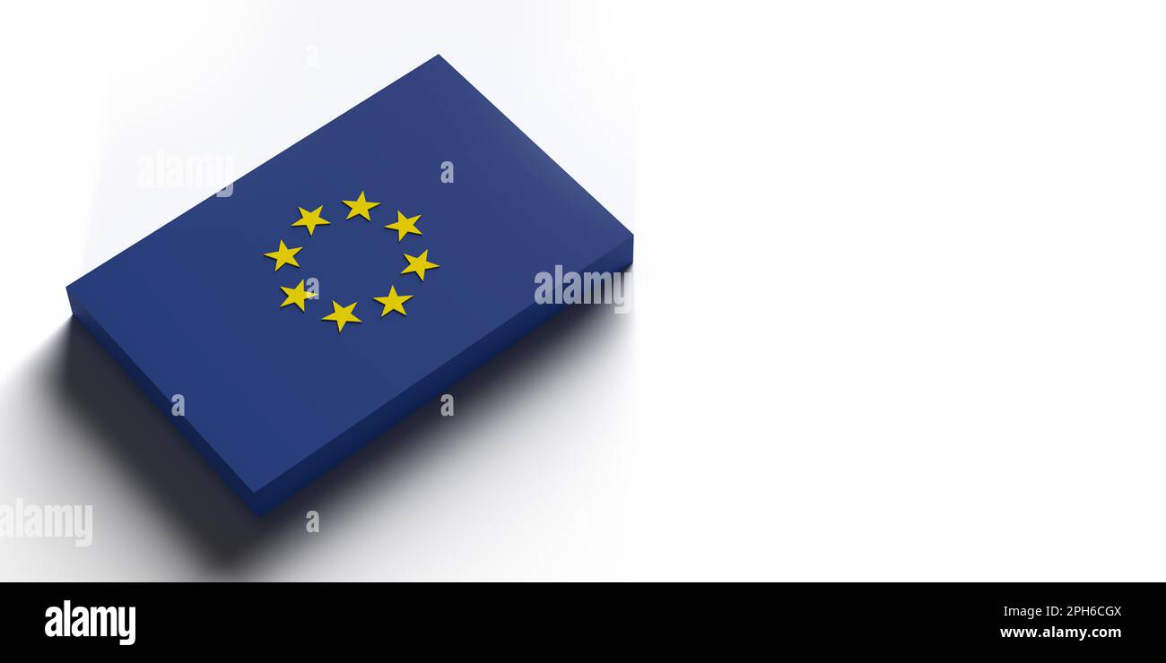 Bannerhintergrund der EU-Flagge, Kopierbereich und Beschneidungspfad. Konzept der gerenderten 3D-Darstellung. EU-Symbol. Horizontale Zusammensetzung. Set mit 13 Stück Stockfoto