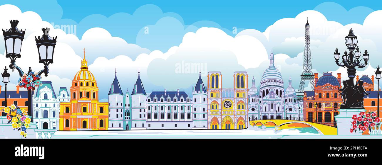 Die Stadt Paris. Wunderschöne alte Gebäude von Paris vor dem blauen Himmel und den weißen Wolken. Paris und seine historischen Sehenswürdigkeiten. Stock Vektor