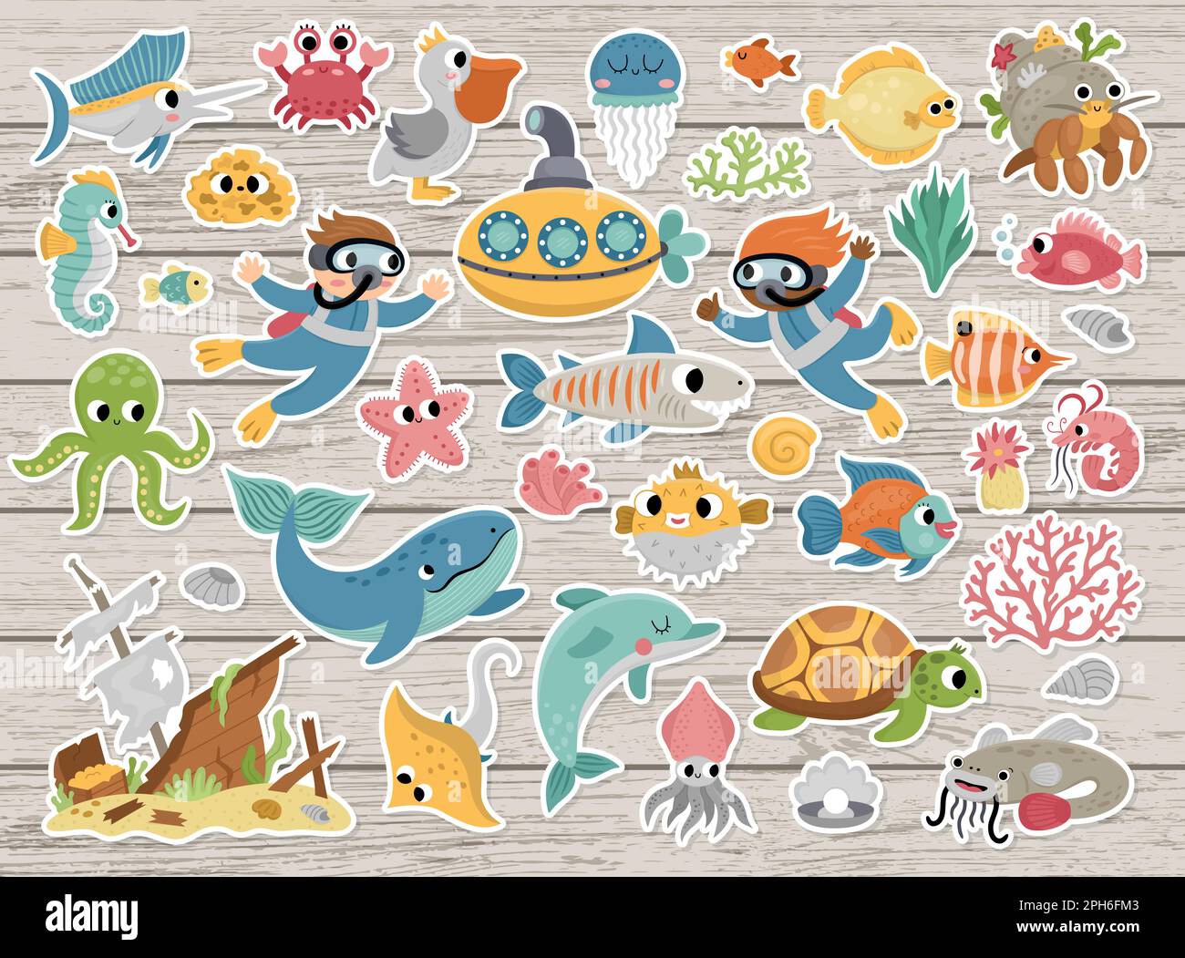Großer Vektor unter den Seeschildern. Ocean Patches Icons Kollektion mit lustigen Algen, Fischen, Tauchern, U-Boot. Süße Cartoon-Wassertiere und kleine Stock Vektor