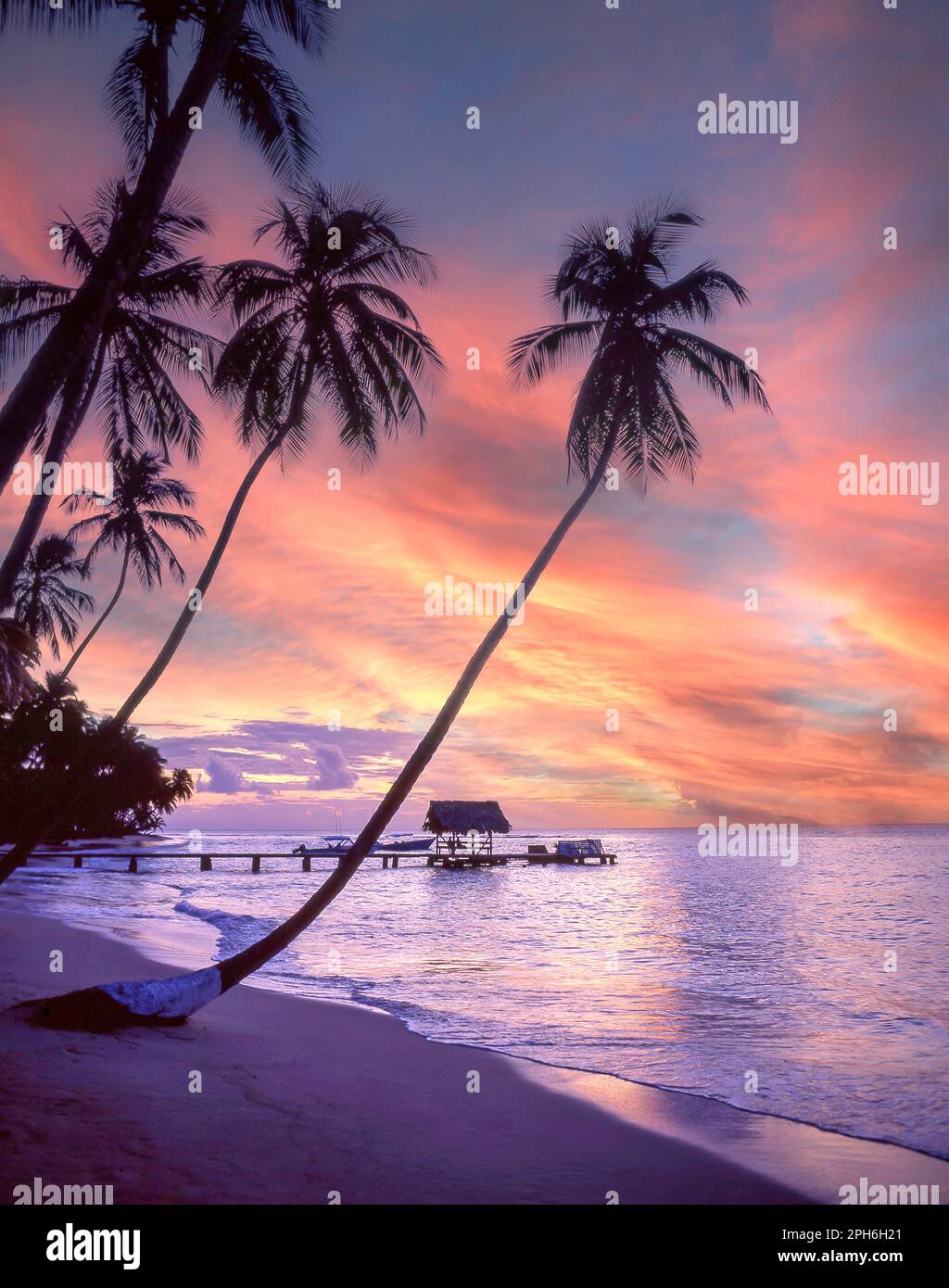 Pigeon Point bei Sonnenuntergang, Tobago, Trinidad und Tobago, kleine Antillen, Karibik Stockfoto