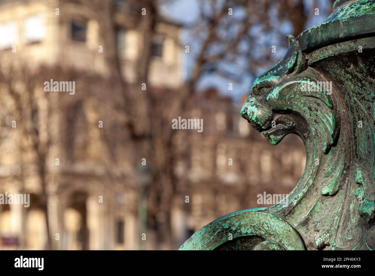 Bronzelöwenkopf, Details aus einem öffentlichen Brunnen im Jardin du Luxembourg, in Paris, Frankreich, Europa. Stockfoto