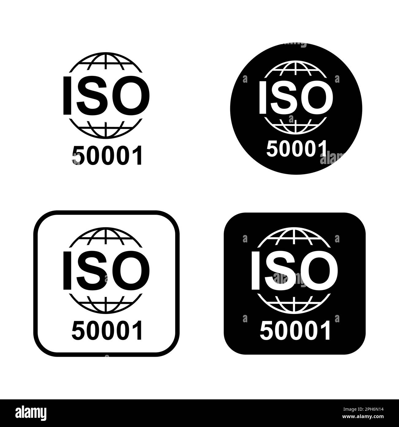 Satz mit ISO 50001-Symbol. Energiemanagement. Symbol für Standardqualität. Vektor-Button-Zeichen auf weißem Hintergrund isoliert. Stock Vektor